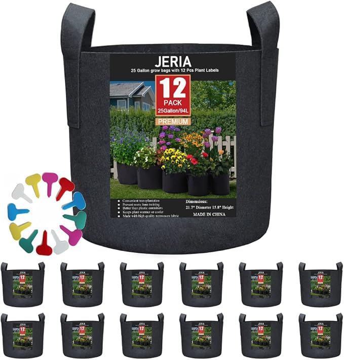 JERIA 12-Pack 25 Gallon, Vegetable/Flower/Plant Grow Bags, Aeration Fabric Pots with Handles (Black), Come with 12 Pcs Plant Labels