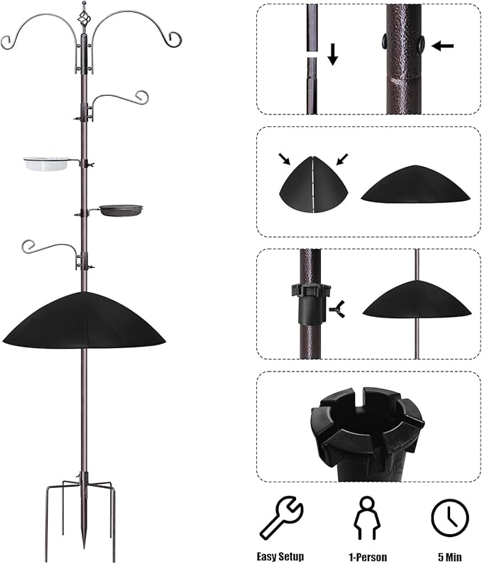 Bird Feeder,91in 4 Hook Bird Feeder Pole with Squirrel Baffle,Bath and Mesh Tray,Steel Multi-Feeder Kit Stand for Attracting Wild Birds, Easy Assembly for Courtyards (Weld, Black 91IN)