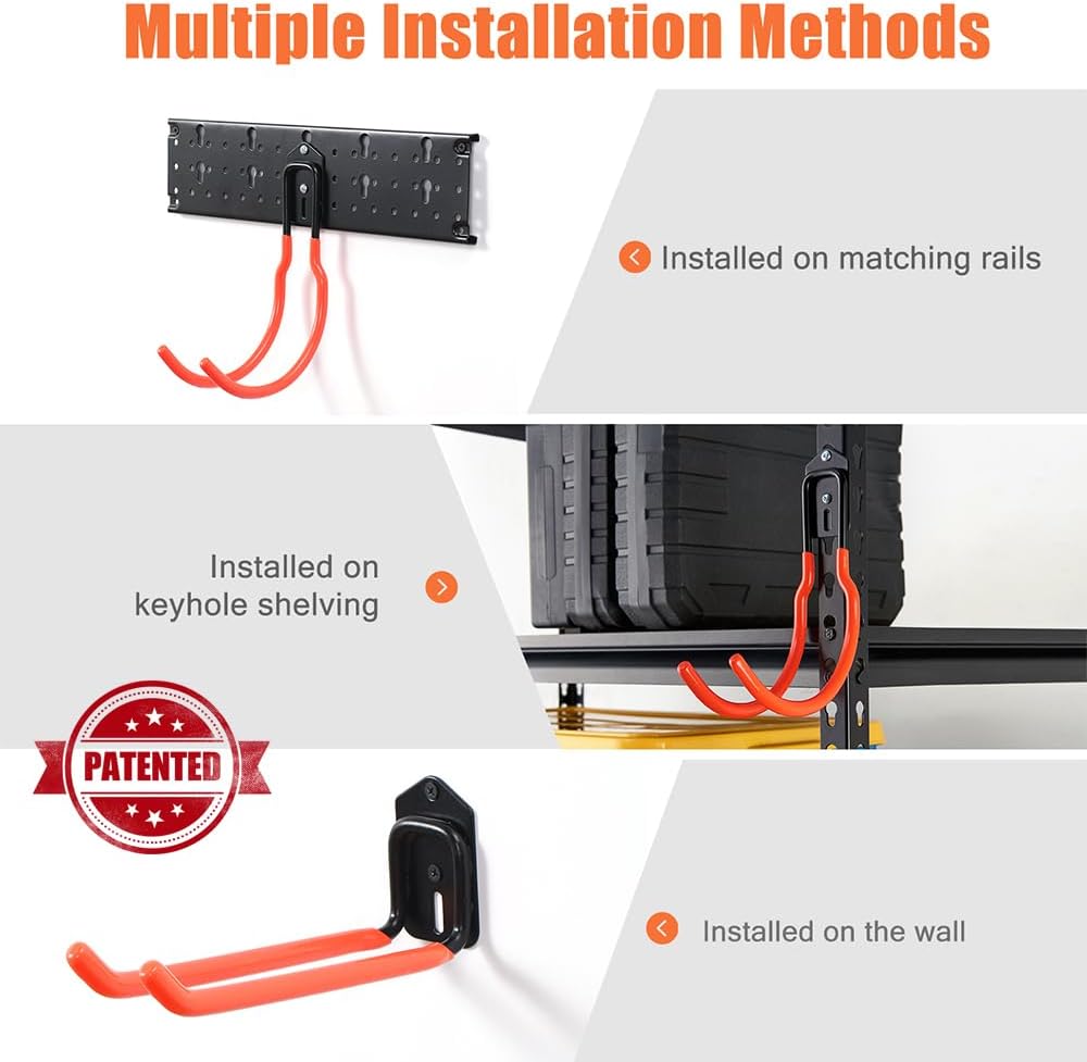 Two Car Rake Storage Ultrawall Multi-Storage Garage Hooks, Utility Rack with Multiple Insta ...