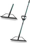 Garden Rake, 17'' Thatch Rake Heavy Duty with 63'' Long Back-Saving Adjustable Handle, Heavy Duty Metal Garden Tool for Loosening Leveling Soil, Gathering Leaves Grass, Weeding