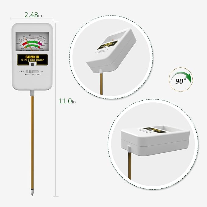Soil Moisture Meter, 4-in-1 Soil Ph Meter, Soil Tester for Nutrients, Moisture, PH and Light, Soil Ph Test Kits for Plant, Great for Garden, Lawn, Indoor & Outdoor Use (No Battery Required)