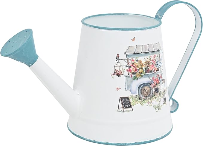Cute Small Watering Can Indoor Plants Garden Metal Decorative Watering Cans for Outdoor Plants Bonsai Outdoor Garden Flower Decorative (White Blue, 1.5L, 50.7 Oz)