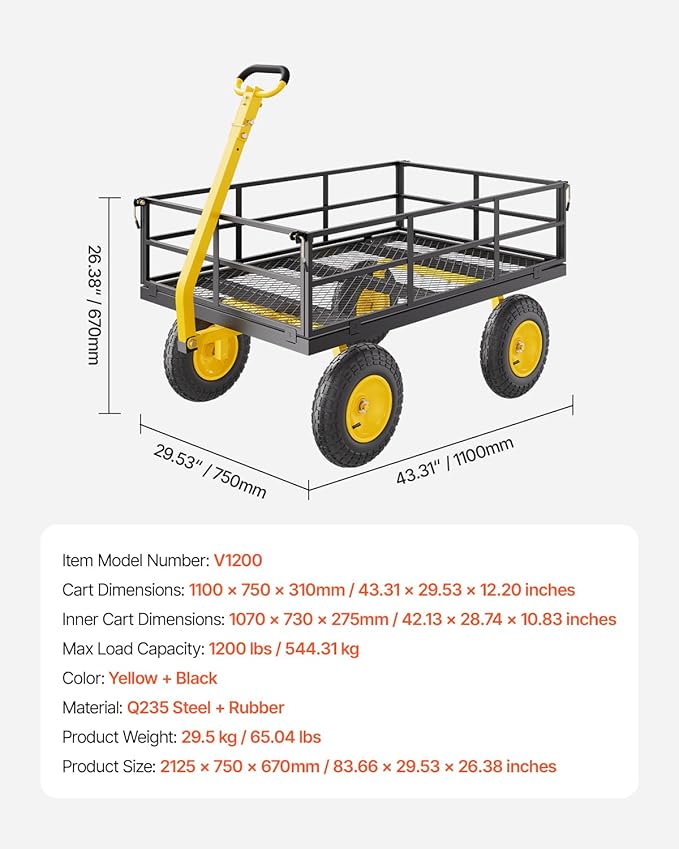 VEVOR 1200 Lbs Steel Garden Cart, Heavy Duty Pullable Garden Wagon Yard Cart, 2 in 1 Outdoor Metal Utility Wagon Yard Trailer with 13" All Terrain Tires, Mesh Removable Sides and 180°Rotating Handle