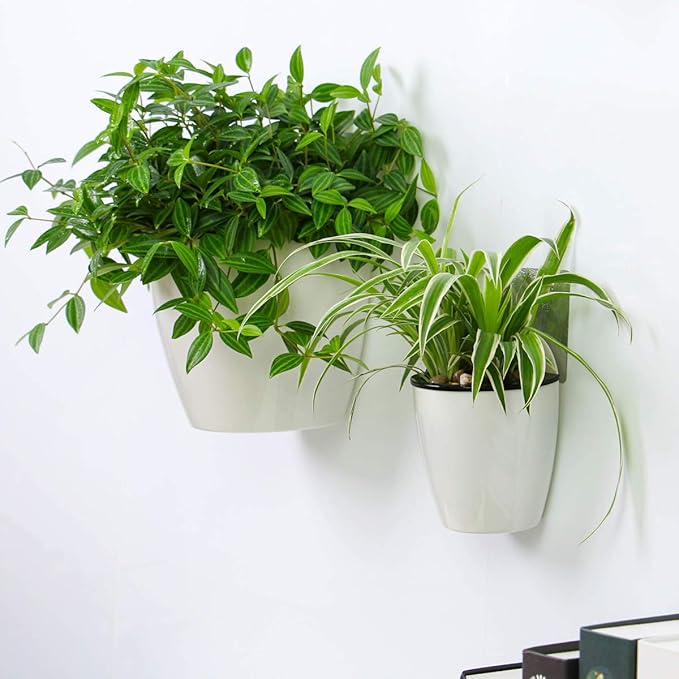 3 Packs 7.3" Plastic Self Watering Pots Wall Hanging Planters Wall Mounted Wicking Flower Pots for Indoor and Outdoor African Violet, Ocean Spider Plant, Orchid, White