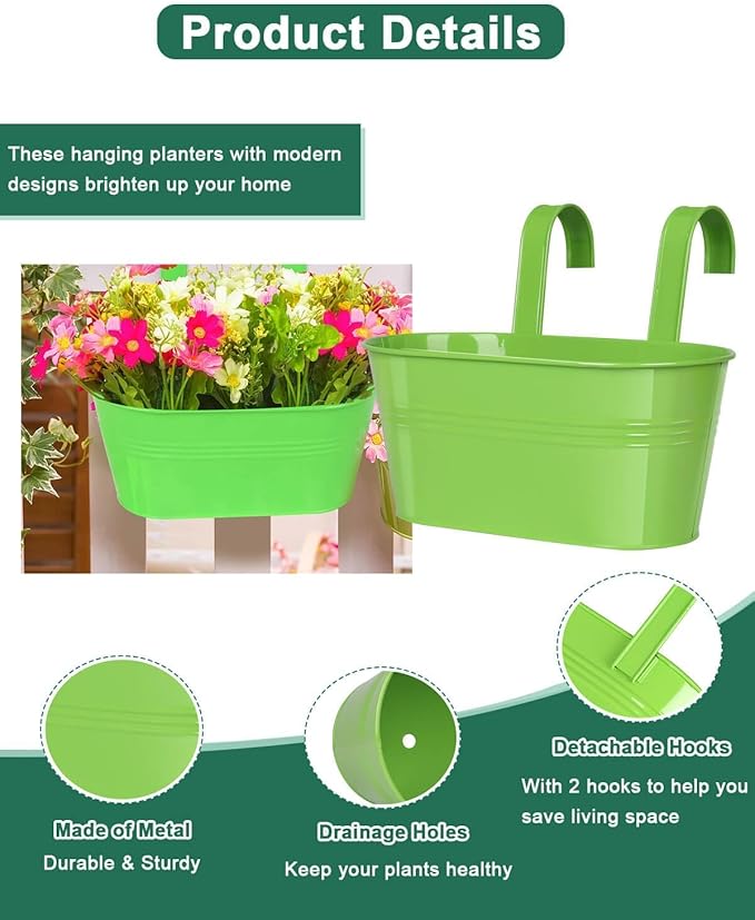 Metal Railing Planter for Outdoor Plants - 3 Pack Balcony Hanging Flower Pots with Detachable Hooks and Drain Holes Oval Bucket Rail Box Fence Planters for Home Garden Decor, Green Orange Blue