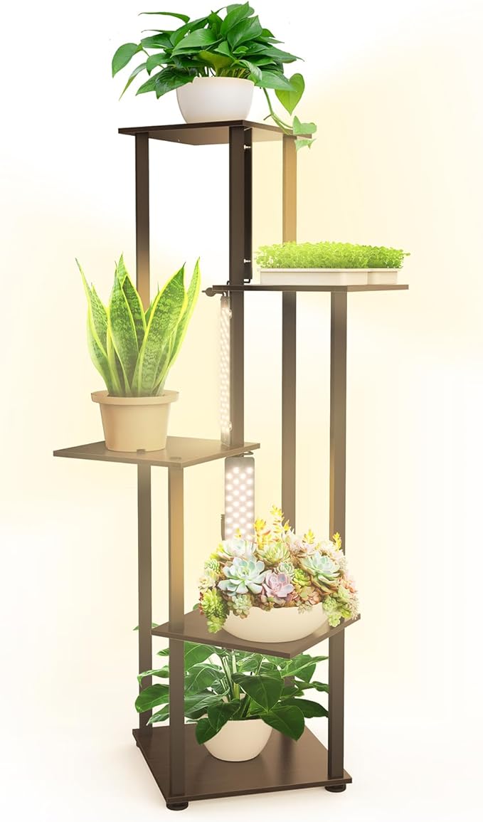 Barrina Plant Stand with Grow Lights Full Spectrum, 5 Tier Potted Corner Plant Shelf with Grow Lights Panel, Dimmable 24W (3 x 8W) LED Plant Light with Timer for Patio Garden, Living Room