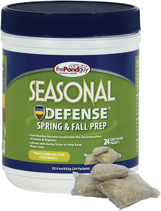 The Pond Guy Seasonal Defense, Spring & Fall Beneficial Bacteria, Barley & Enzymes, Cold Water Pond Sludge & Scum Treatment, Fish & Plant Safe, 24 Packets