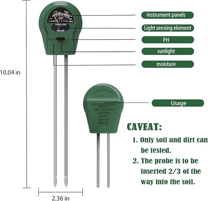 3-in-1 Soil pH Meter - Moisture, Light, and pH Tester for Garden, Lawn, Farm, Indoor & Outdoor Plant Care, Green