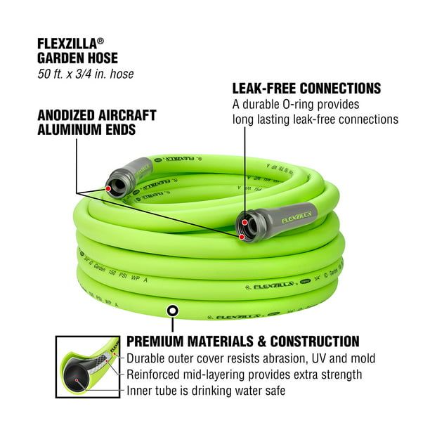 Flexzilla? Garden Hose, 3/4" x 50', 3/4" - 11 1/2 GHT Fittings, Flexible Hybrid Polymer, ZillaGreen?