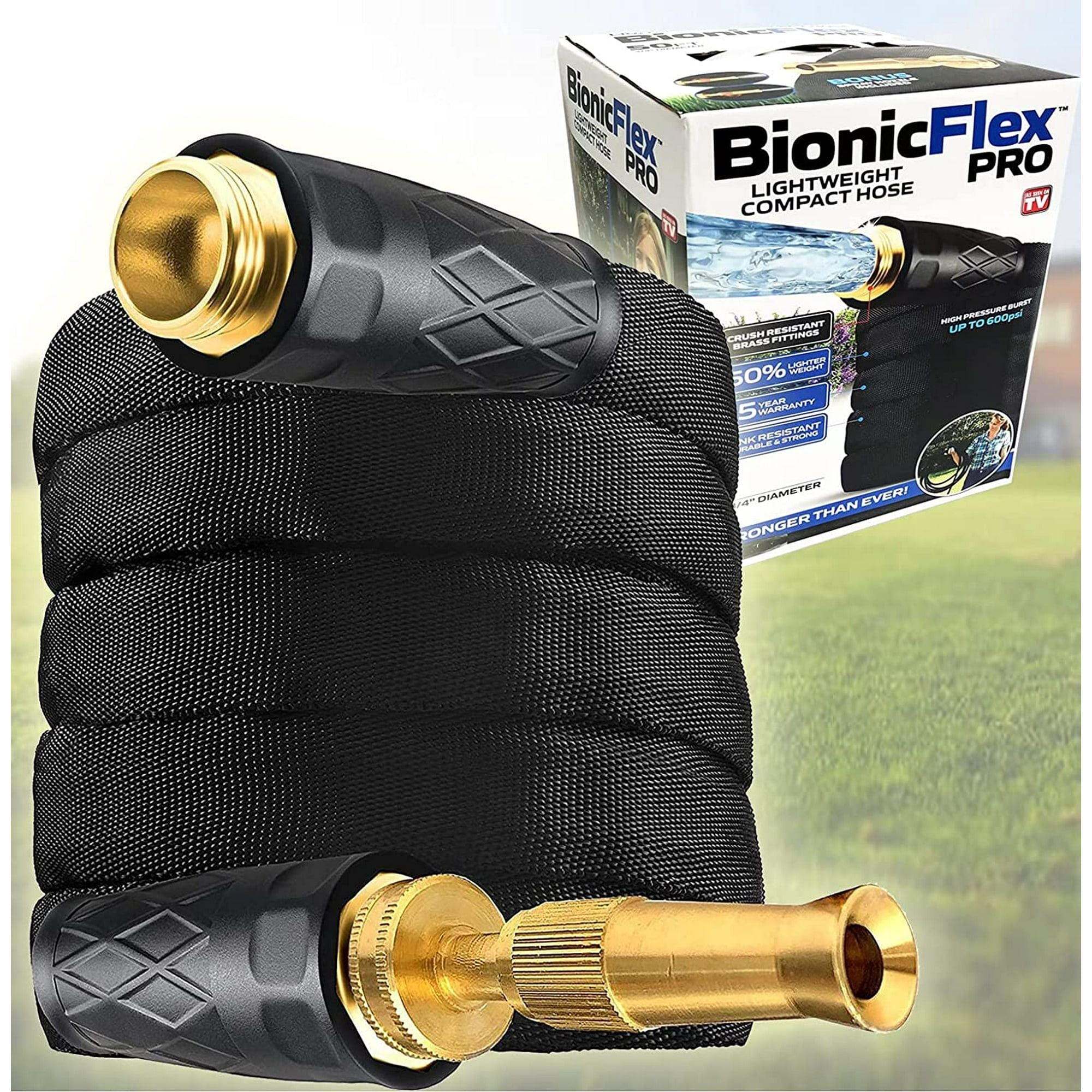 Bionic Flex Pro 100' Garden Hose Heavy Duty, Lightweight Weatherproof Garden Water Hose, Brass Fittings, Adjustable Brass Spraying and Shooting Nozzle, Kink Free Hose, 500 PSI Tear Resistant- 100ft.