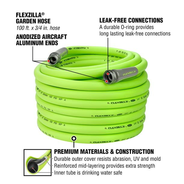 Flexzilla? Garden Hose, 3/4" x 100', 3/4" - 11 1/2 GHT Fittings, Flexible Hybrid Polymer, ZillaGreen?