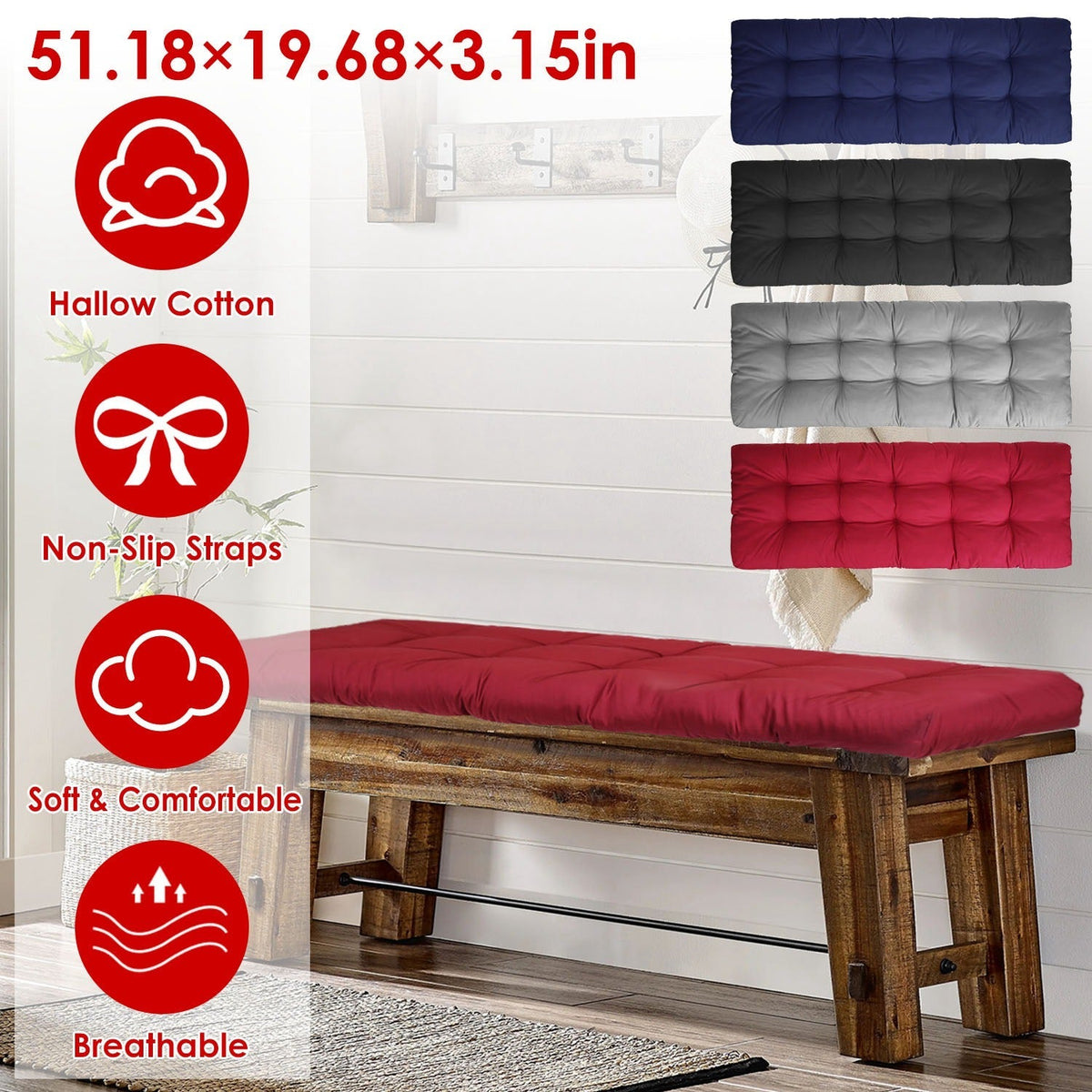 Bench Seat Cushion For Indoor Outdoor Furniture Non Slip Long Chair Cushion with Ties Strap Swing Cushion 51.18x19.68IN For Garden Patio Balcony Entry