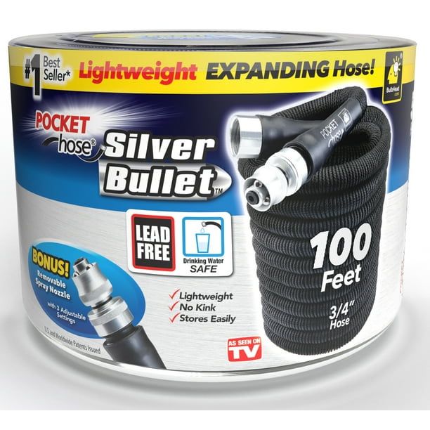 Pocket Hose Original Silver Bullet Water Hose by BulbHead Expandable Garden Hose That Grows with Lead-Free Aluminum Connectors Safe Drinking Water Hose (100 Feet)