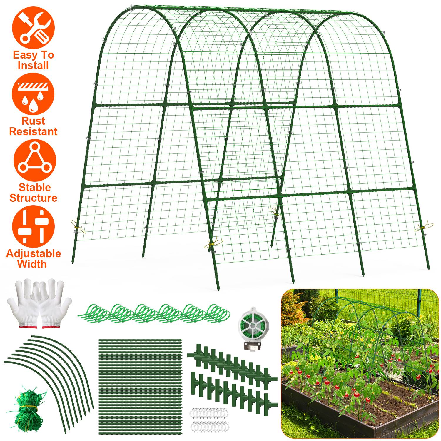 Cucumber Trellis for Raised Bed Arch Garden Trellis for Climbing Plants Vine Vegetables Fruit Flower Grape U-Shaped Frame with Climbing Net Tunnel Pla