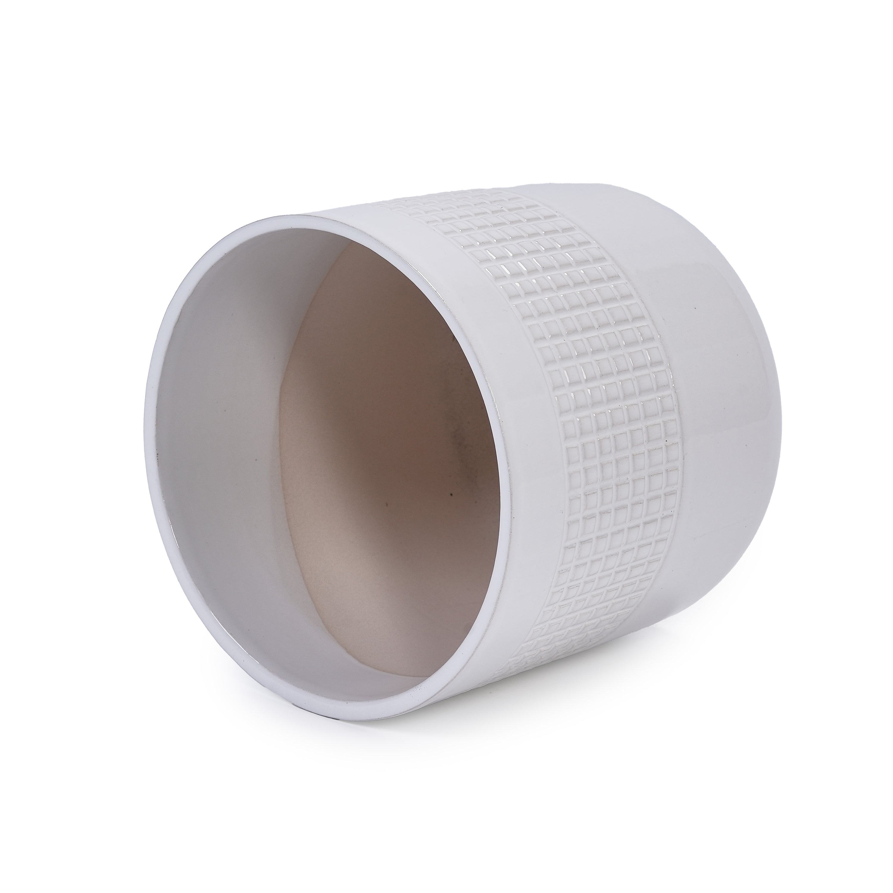 Set of 3 Grid Ceramic Flowerpot, Modern Planter for Patio, Garden, Windowsill - Ancient White