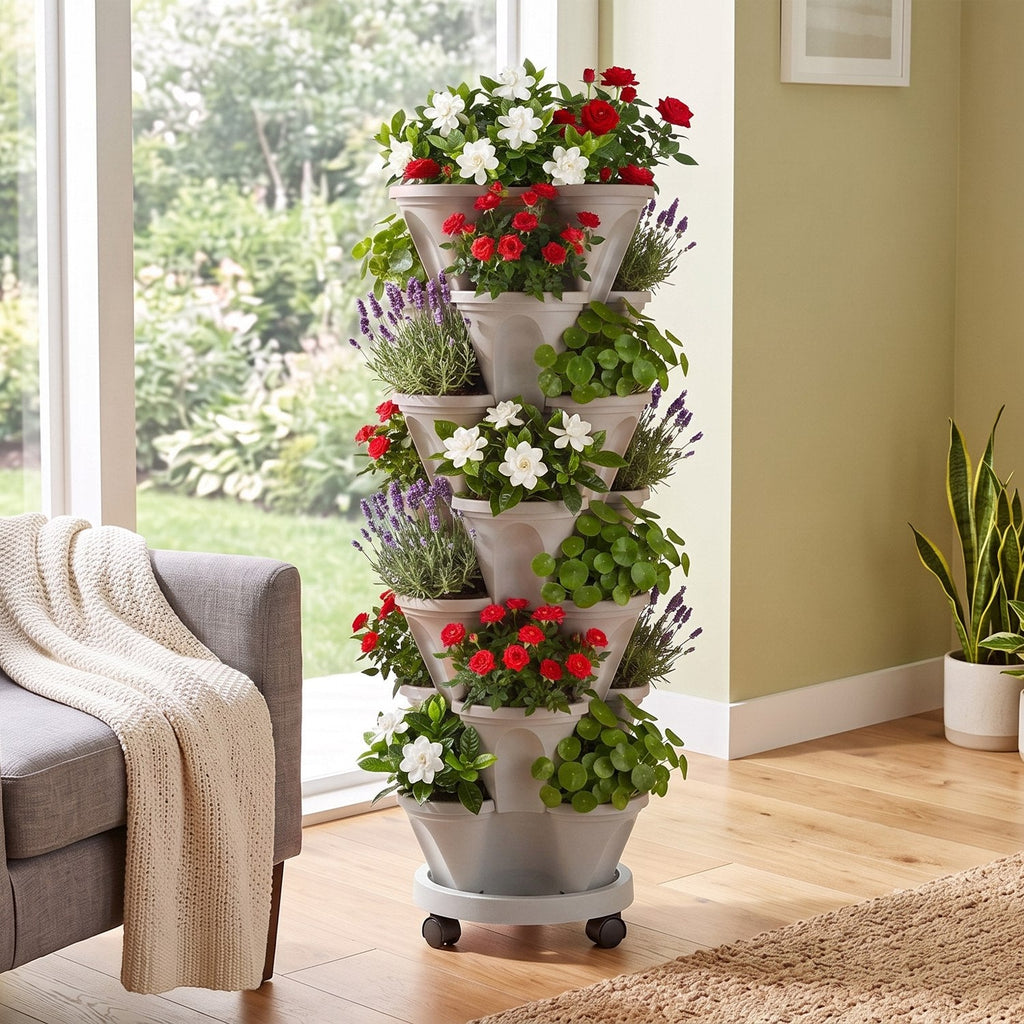 7-Tier Stackable Vertical Planter with Wheels and Drainage