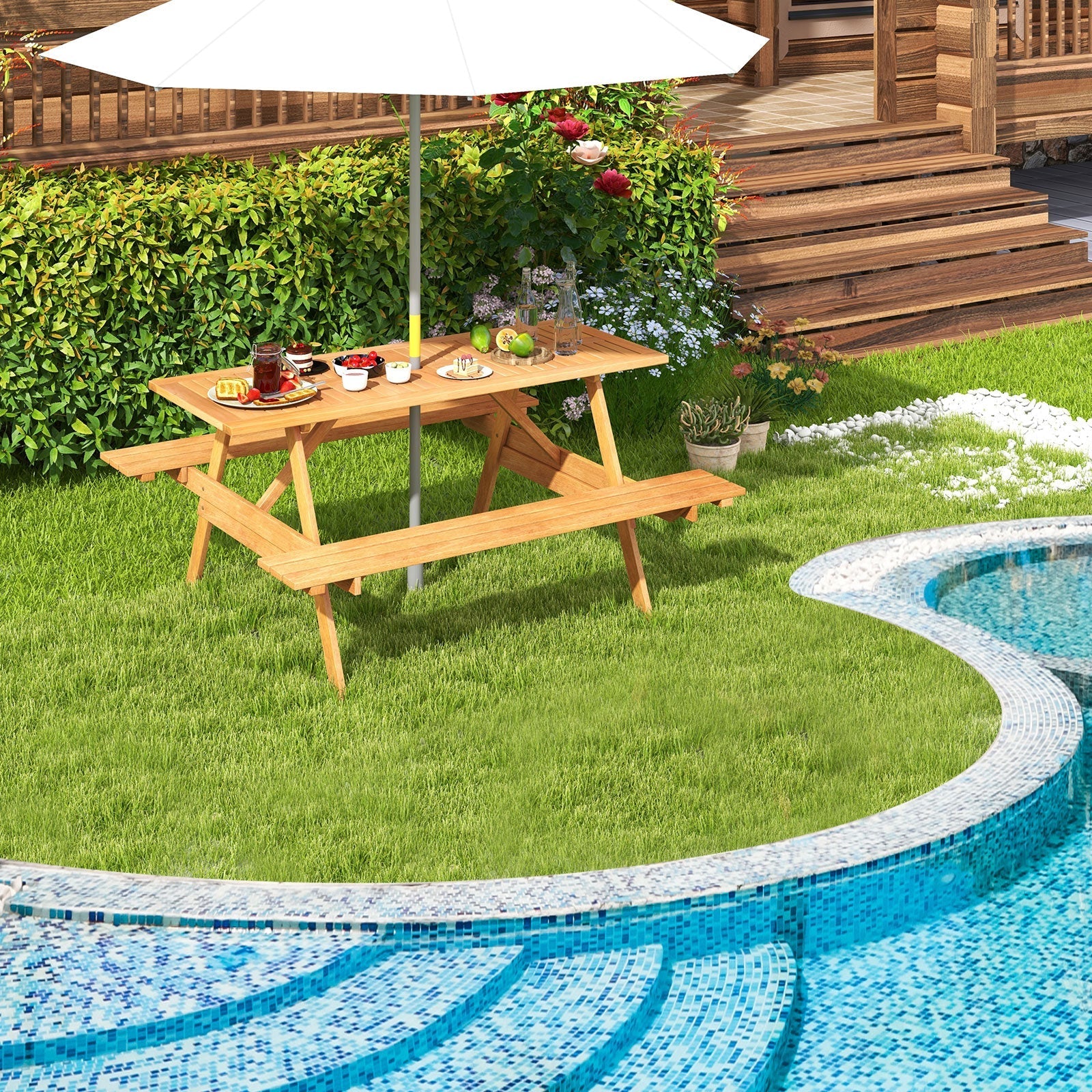 2-Person Outdoor Garden Bench with Solid Wooden Frame for Backyard