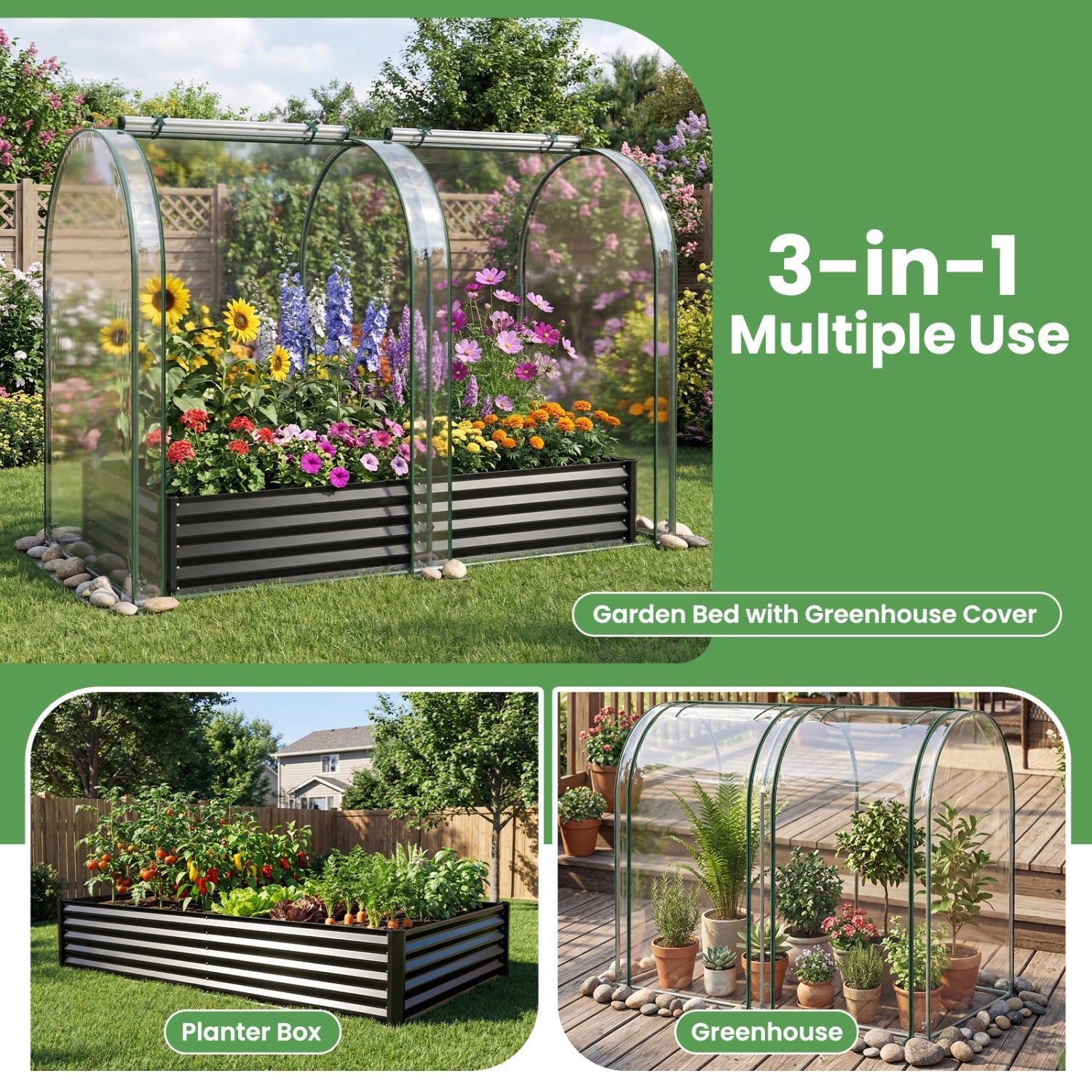 6 x 3 x 1 FT Galvanized Raised Garden Bed with Greenhouse Cover