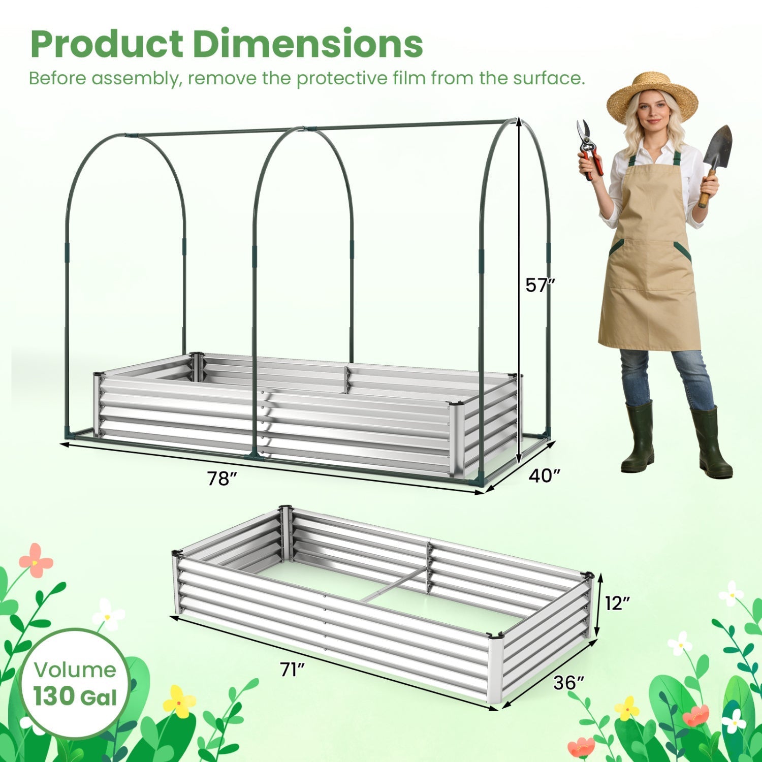 6 x 3 x 1 FT Galvanized Raised Garden Bed with Greenhouse Cover