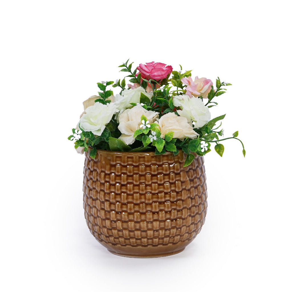 3 Pieces Ceramic Flowerpot, Modern Planter for Patio, Garden or Windowsills - Orange & Dark Brown