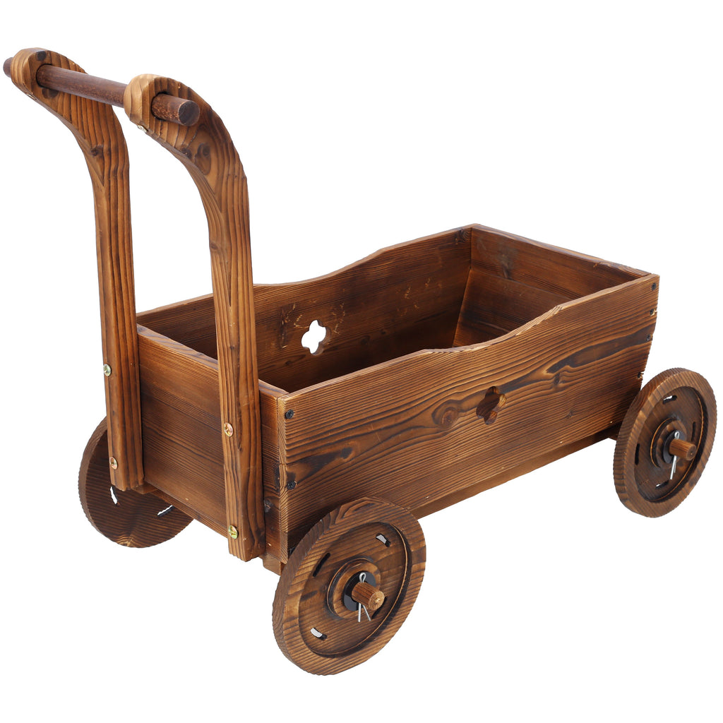 Wooden Wagon Planter Box, Mobile Garden Planter with Wheels, Handle, Drain Hole, Brown Wood, 26.5 x 14.1 x 21.2 inches