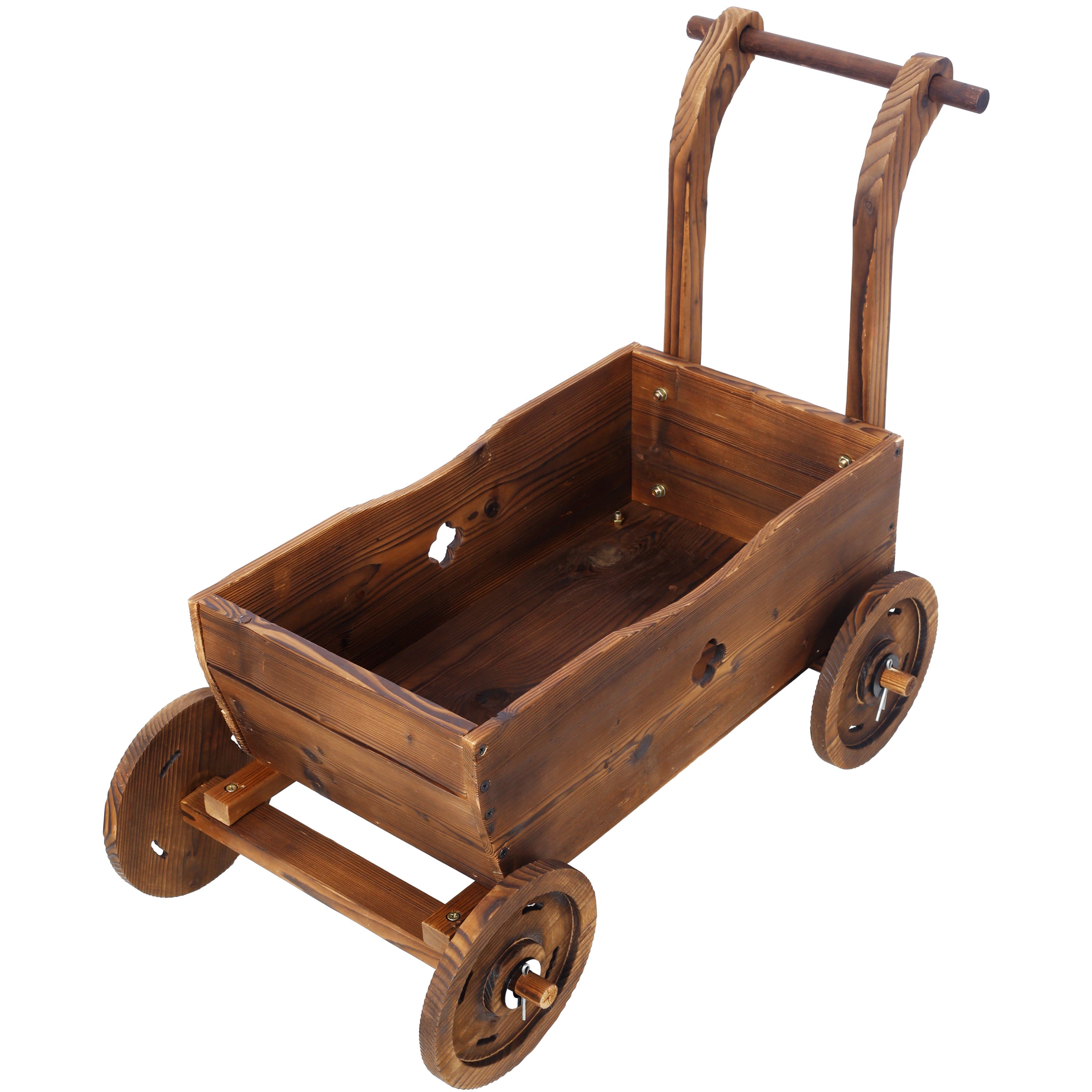 Wooden Wagon Planter Box, Mobile Garden Planter with Wheels, Handle, Drain Hole, Brown Wood, 26.5 x 14.1 x 21.2 inches