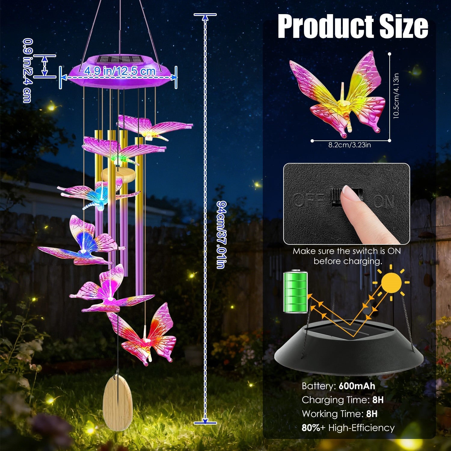 Solar Butterfly Wind Chime with Aluminum Tubes 7 Color Changing Wind Chime for Outside IP44 Waterproof Outdoor Garden Yard Decor