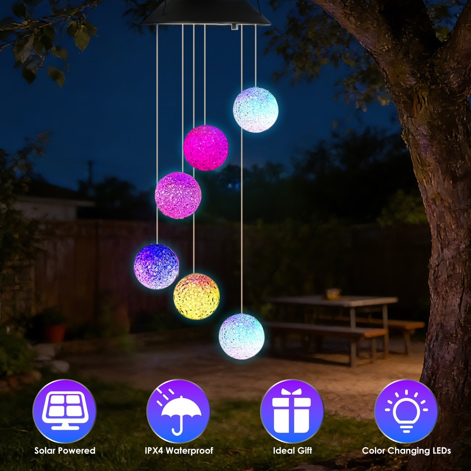 Solar Ball Wind Chime 7 Color Changing Wind Chime for Outside IPX4 Waterproof Outdoor Garden Yard Decor