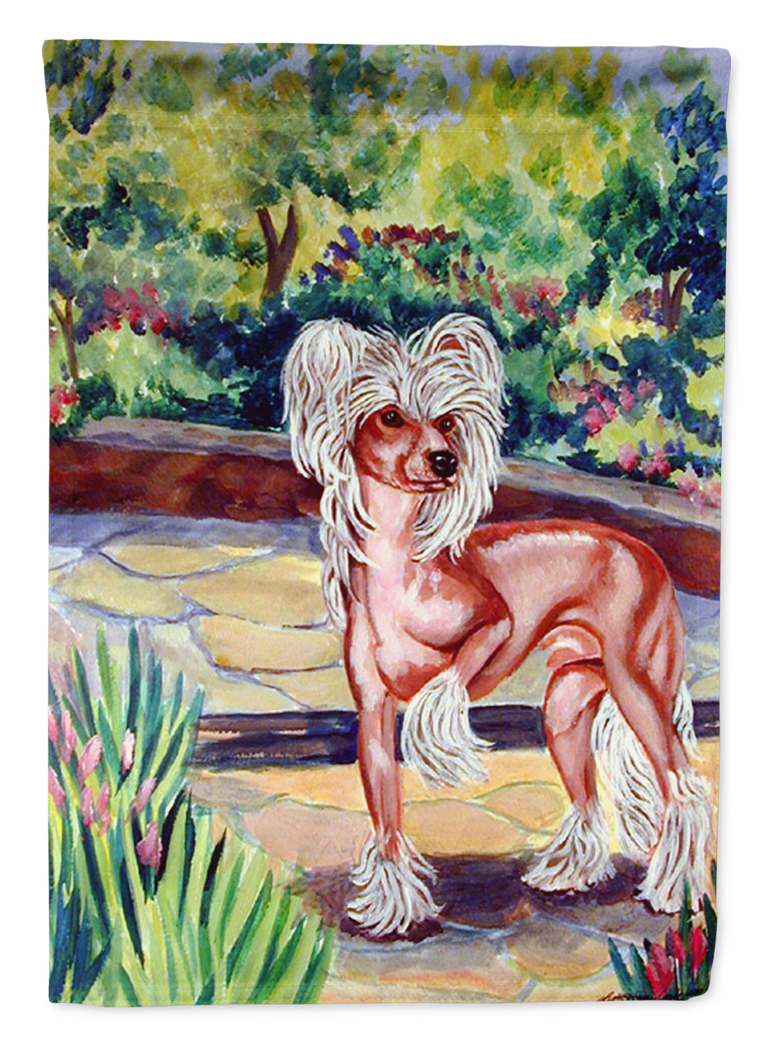 Chinese Crested on the patio  Garden Flag – Decorative Outdoor Yard Flag