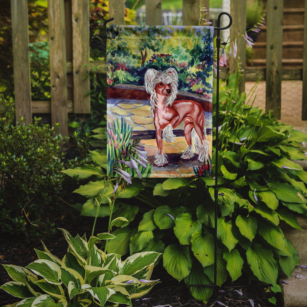 Chinese Crested on the patio  Garden Flag – Decorative Outdoor Yard Flag