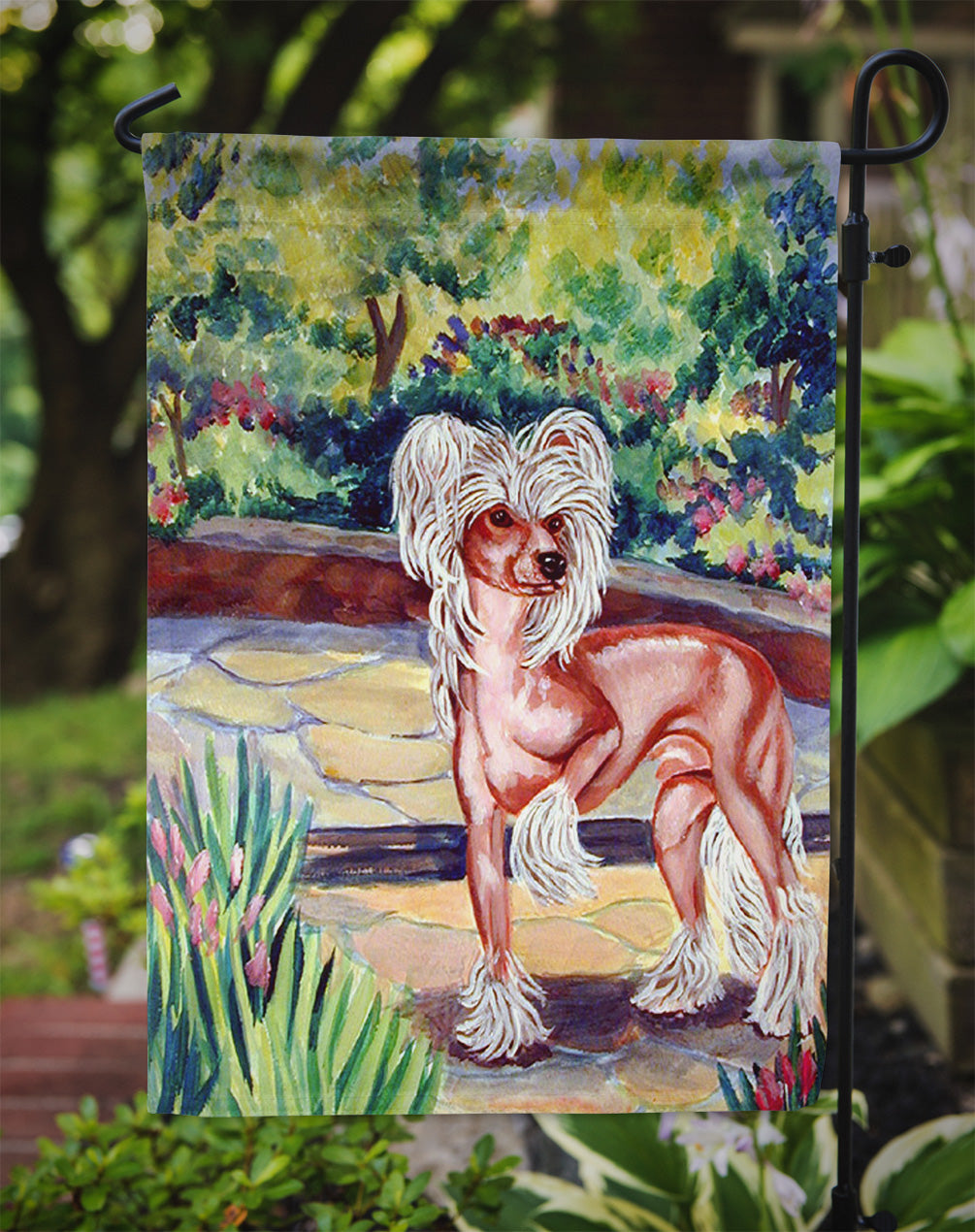 Chinese Crested on the patio  Garden Flag – Decorative Outdoor Yard Flag