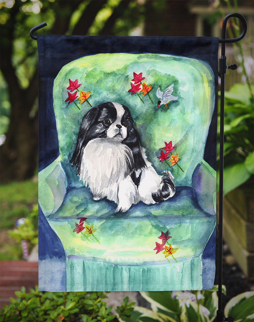 Japanese Chin in Momma's Chair Garden Flag – Decorative Outdoor Yard Flag