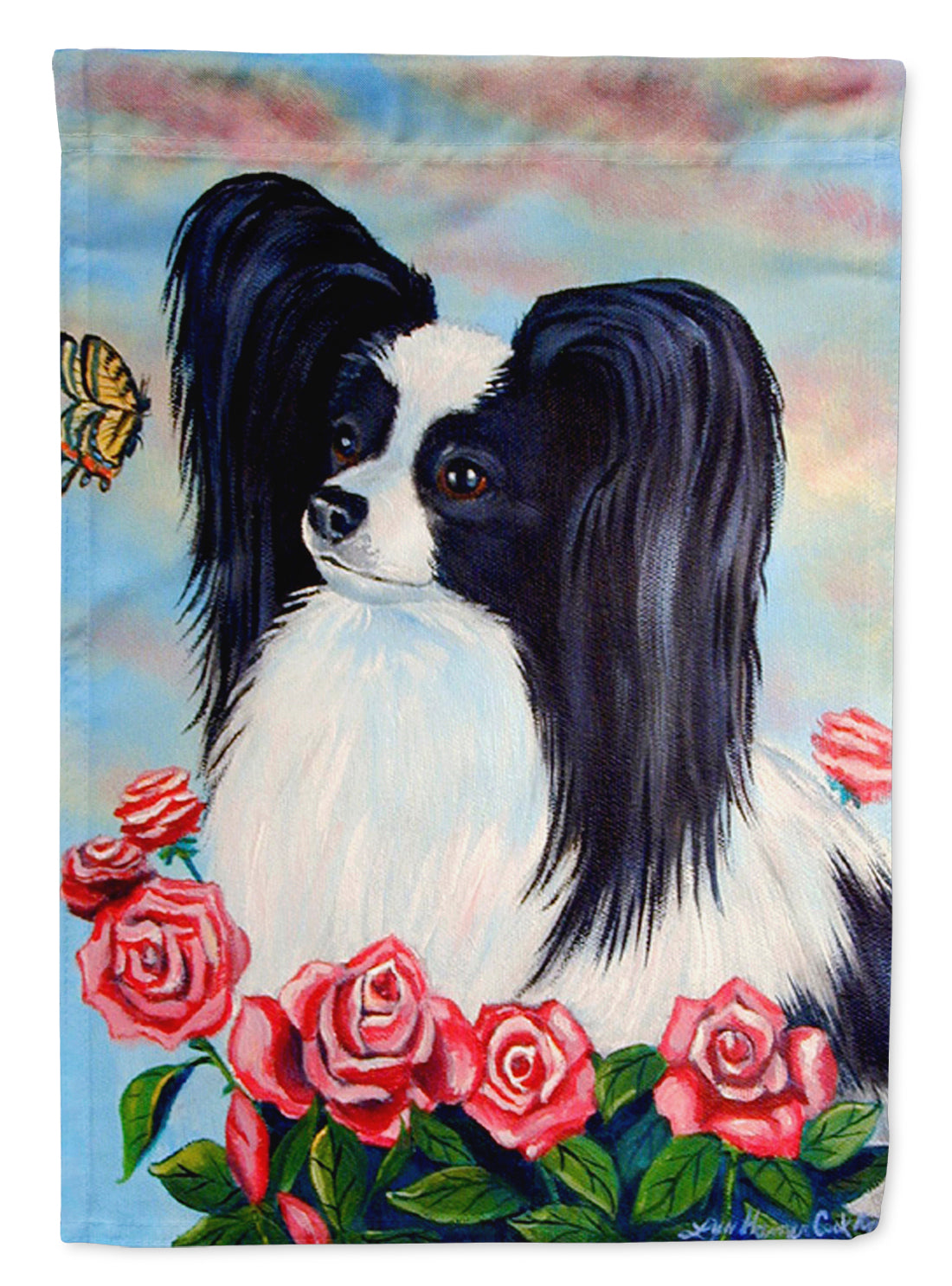 Black and White Papillon in Roses Garden Flag – Decorative Outdoor Yard Flag