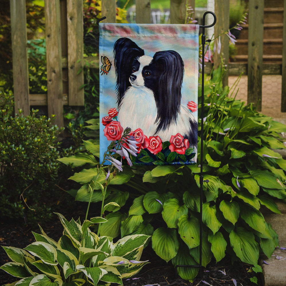 Black and White Papillon in Roses Garden Flag – Decorative Outdoor Yard Flag