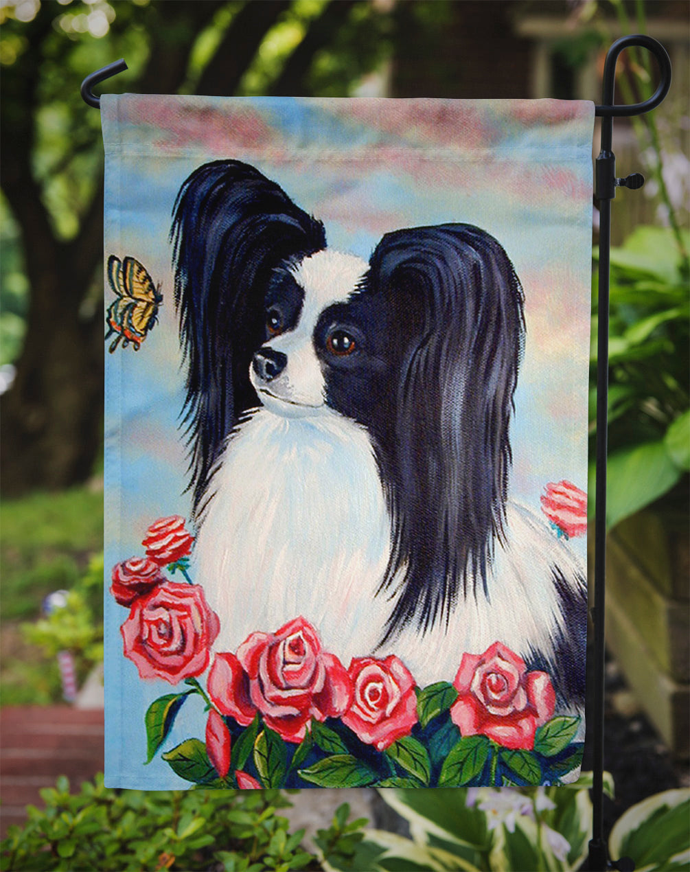 Black and White Papillon in Roses Garden Flag – Decorative Outdoor Yard Flag