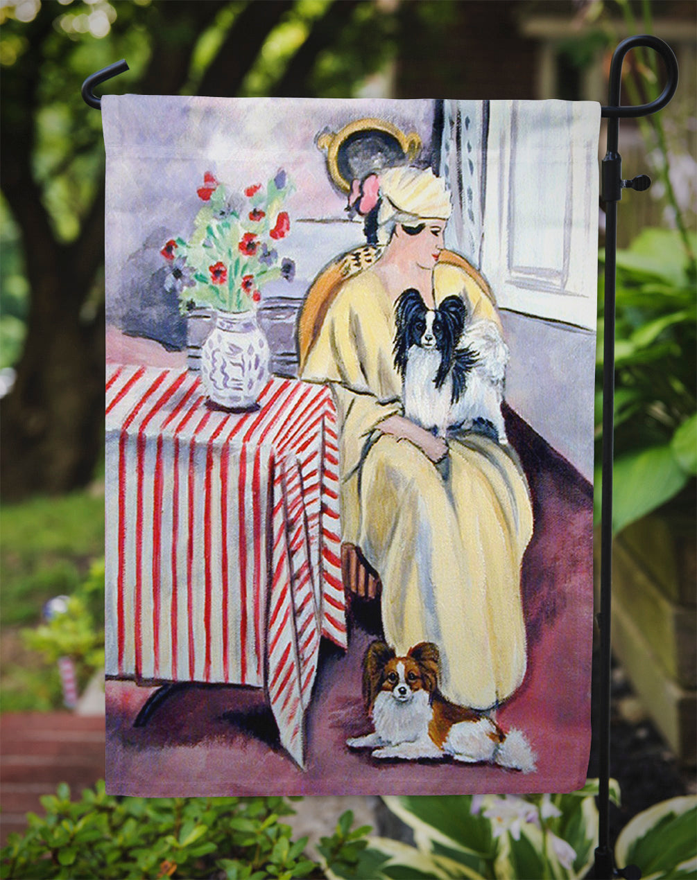 Lady with her Papillon Garden Flag – Decorative Outdoor Yard Flag