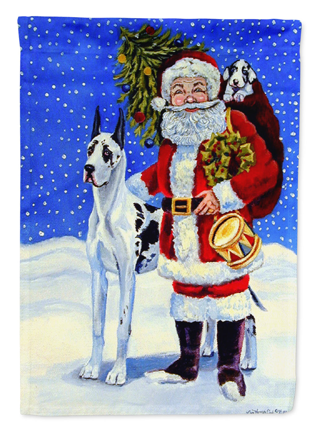 Harlequin Great Dane with Santa Claus Garden Flag – Decorative Outdoor Yard Flag
