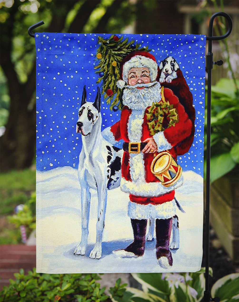 Harlequin Great Dane with Santa Claus Garden Flag – Decorative Outdoor Yard Flag