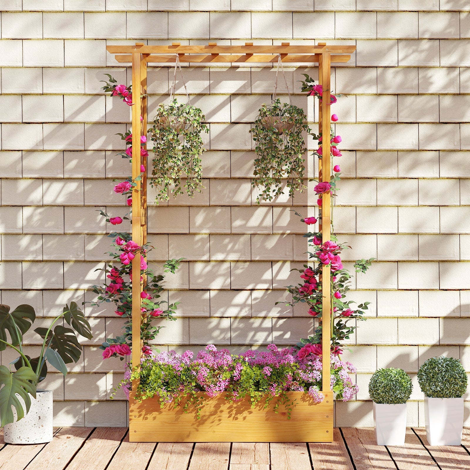 70 Inch Wooden Raised Garden Bed with Lattice Trellis-Natural