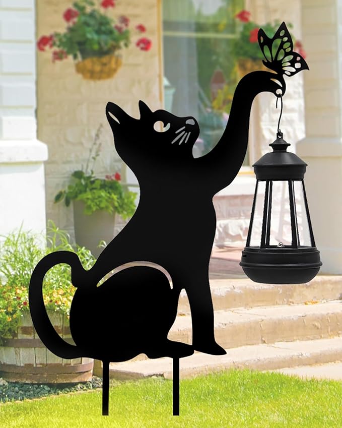 Solar Lights Outdoor Garden Decor - Black Cat Figurine Light Stake with Butterfly Decorative Metal Housewarming Ornament for Yard Pathway Lawn Patio – Unique Gift Ideas for Christmas