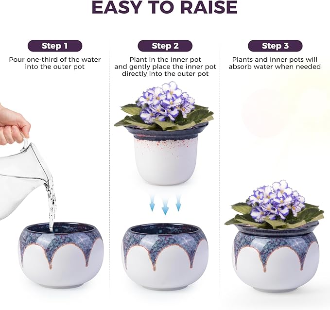 African Violet Pots, 6 inch Ceramic Easy Self Watering Plant Pot for Busy Plant Lovers, Automatically Absorb Appropriate Amount of Water, Flower Pot Indoor-Plants Not Included(Red)