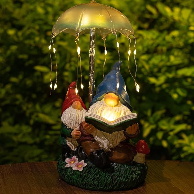 mopha Garden Gnomes Statues Outdoor Decor Gifts, Resin Figurines Outside Decoration Ornaments Clearance Gardening Decoration, Solar Powered Umbrella Fireworks Lights