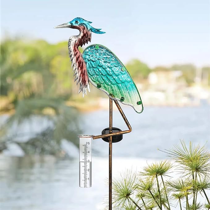LEWIS&WAYNE 43’’ Solar Heron Rain Gauge Outdoor Decorative Metal Stake LED Lights with Glass Tube Solar Pathway Lights for Garden, Yard, Patio, Lawn Decor
