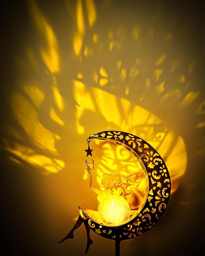 Solar Garden Statues Outdoor Decor, Fairy Moon Figurine Light Stake, Housewarming Ornament for Patio, Lawn, Yard, Pathway - Unique Gift Ideas for Gardening Mom Grandma