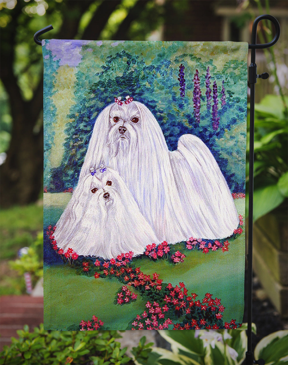 Maltese and puppy Garden Beauties Garden Flag – Decorative Outdoor Yard Flag