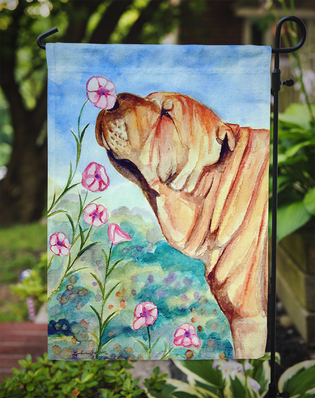 Shar Pei smell the flowers Garden Flag – Decorative Outdoor Yard Flag