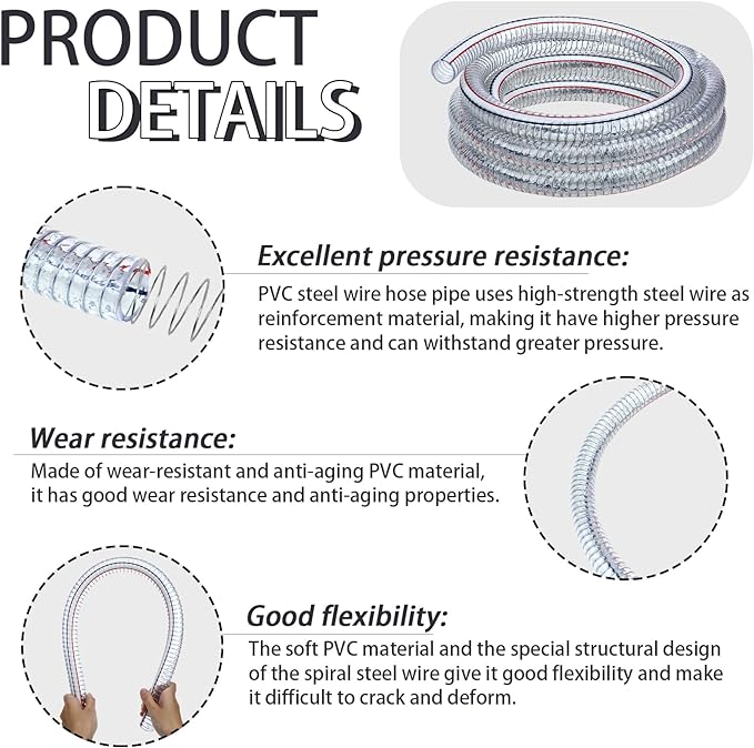 Frienda Heavy Duty Steel Wire Flexible Tubing with Fasteners PVC High Pressure Drain Hose Tube Pond Tubing Clear Wire Reinforced for Pond Bilge Pump Vacuum Suction Hose(24.6 Ft, 1 Inch Id)