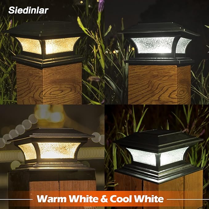 SIEDiNLAR Solar Post Cap Lights Outdoor Glass LED Fence Deck Light 2 Modes for 4x4 5x5 6x6 Wooden Vinyl Posts Patio Garden Decoration Warm White/Cool White Lighting Black (6 Pack)