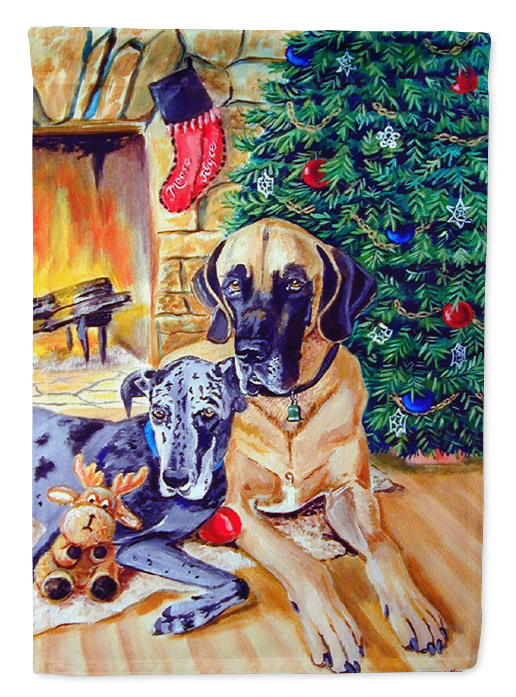 Harlequin and Blue Great Danes Under the Christmas Tree Garden Flag – Decorative Outdoor Yard Flag