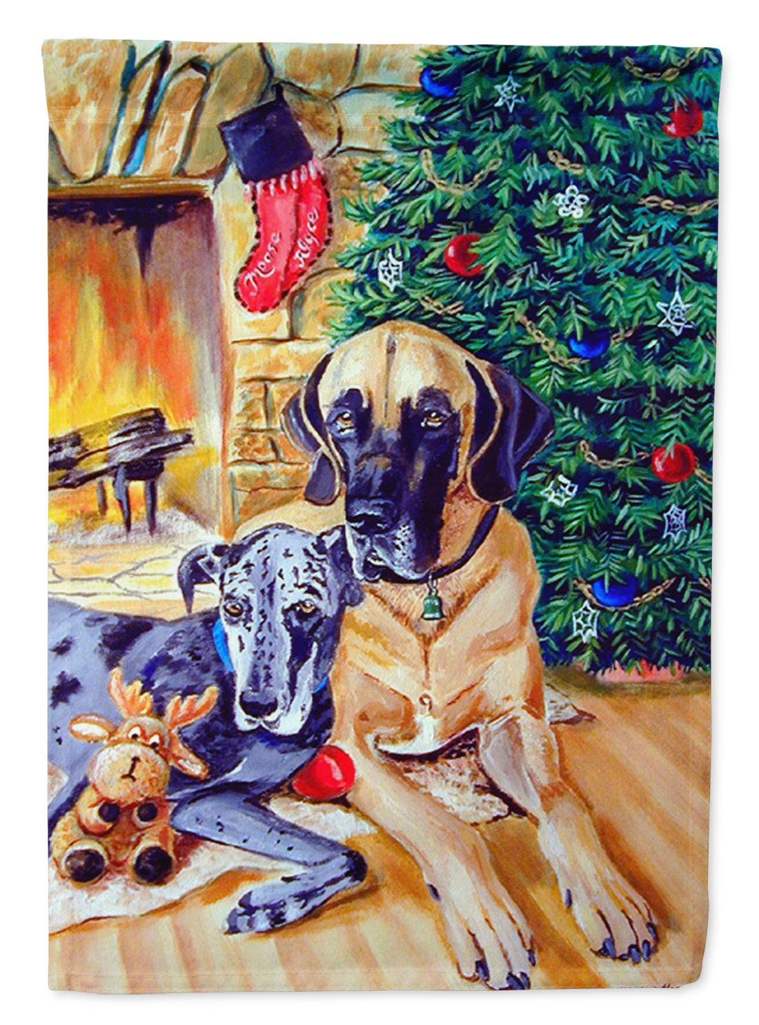 Harlequin and Blue Great Danes Under the Christmas Tree Garden Flag – Decorative Outdoor Yard Flag